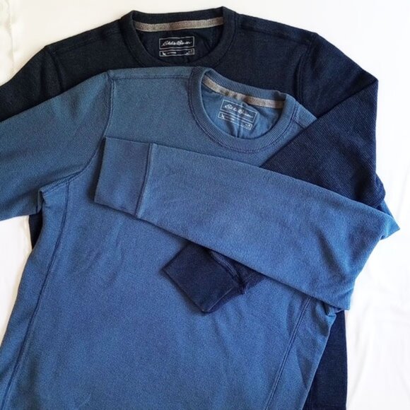 TWO 2 Eddie Bauer Outdoor Cotton Blend Waffle Knit Crew Neck Thermal Shirt Blue - Picture 1 of 9